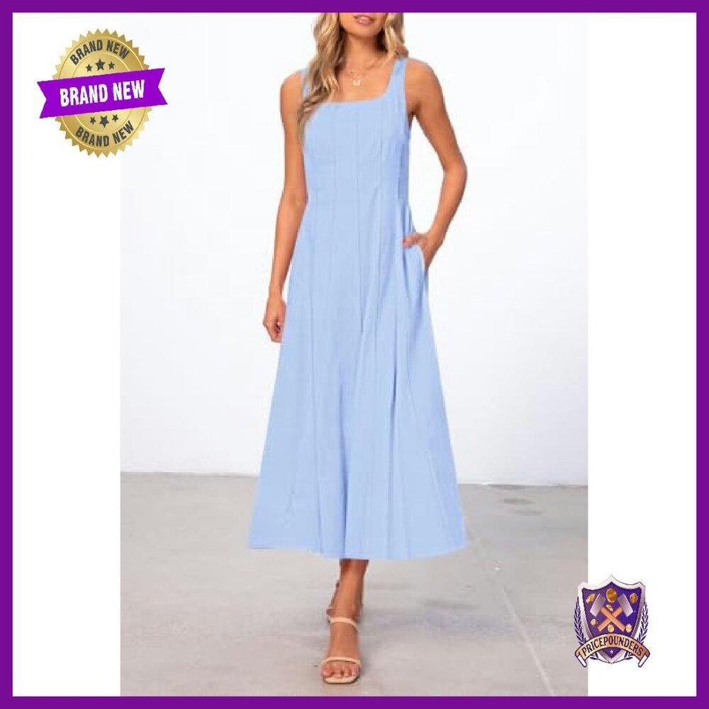 Sleeveless Midi Dress Square Neck Smocked Back A-Line Summer - Picture 7 of 8